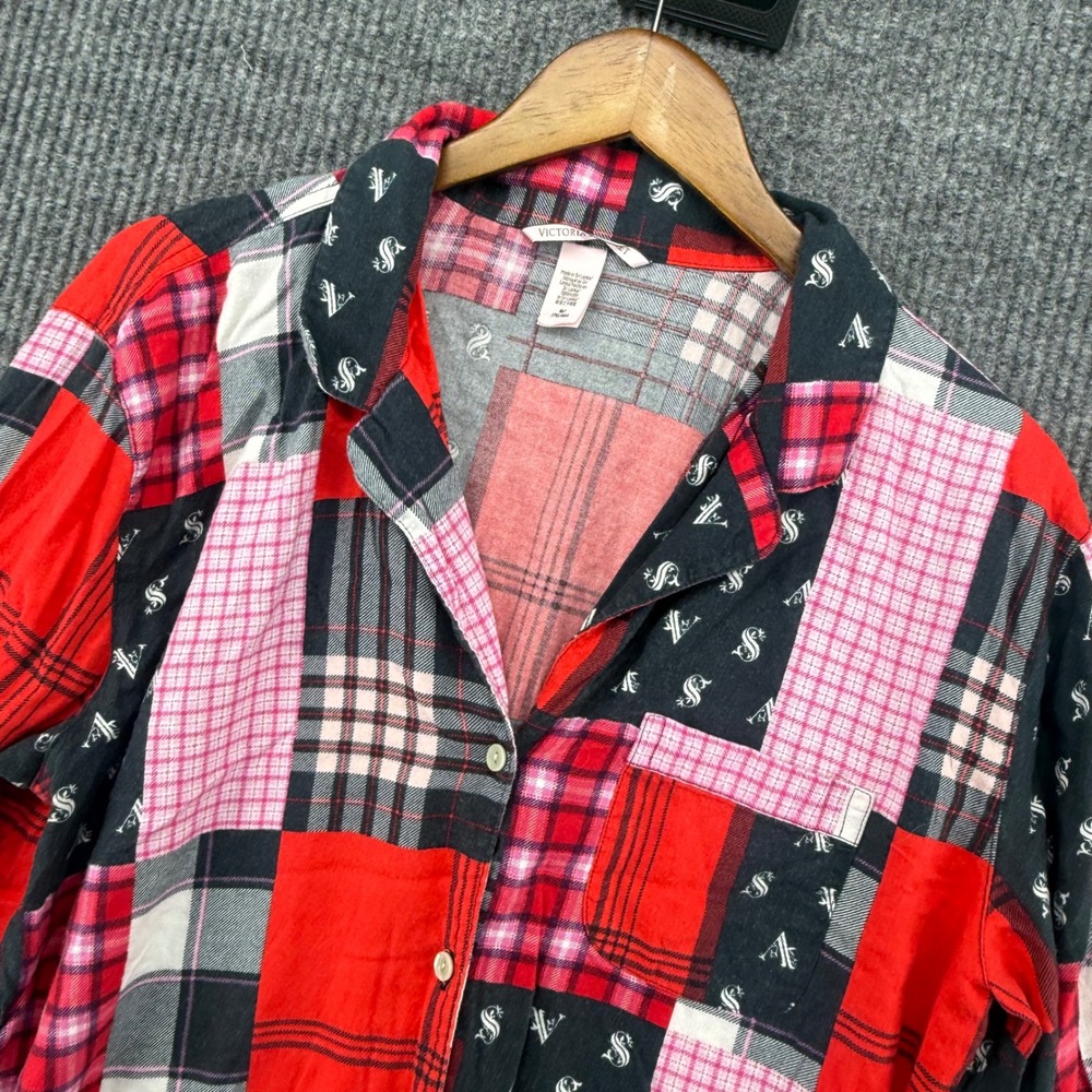 Victoria's Secret Sleep Shirt Womens M Red Patchwork Plaid Logo Excellent VS